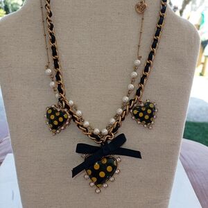 Betsey Johnson Gold and Black Heart Necklace with Pearl Accents